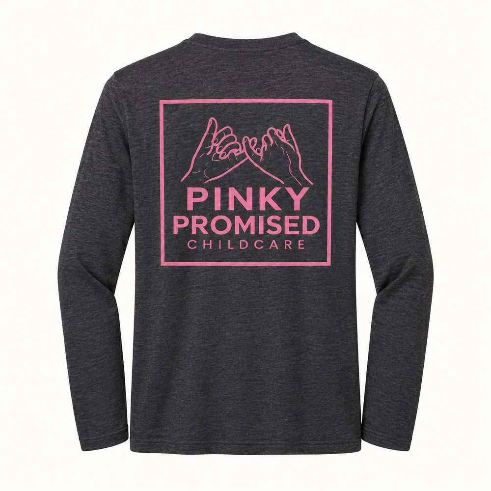 Back of charcoal long-sleeve shirt with large pink Pinky Promised logo